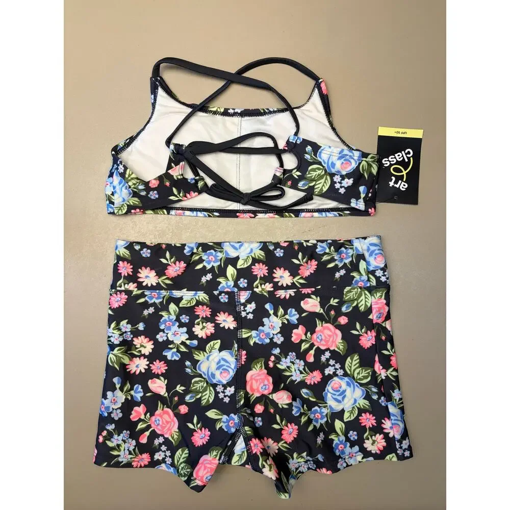 Girls 2 Piece Swimsuit Size L 10/12 Art Class Floral Swim Top Shorts UPF 50+ NWT
